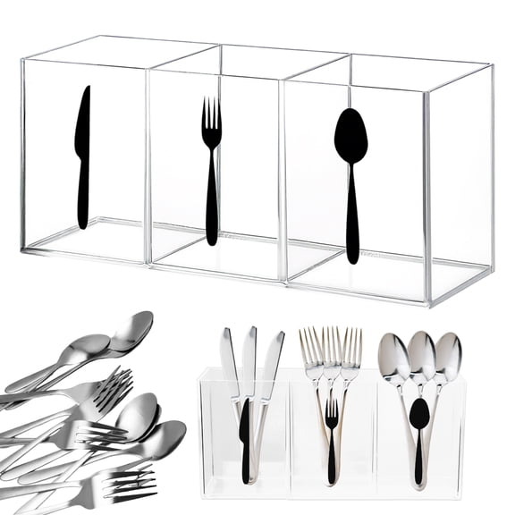 LZLINGMEI 1PC Acrylic Cutlery Storage Organizer,Silverware Caddy Countertop Knife Spoon and Fork Holder Kitchen,3 Section Tableware Storage Box for Cabinet Dining Room(Clear)