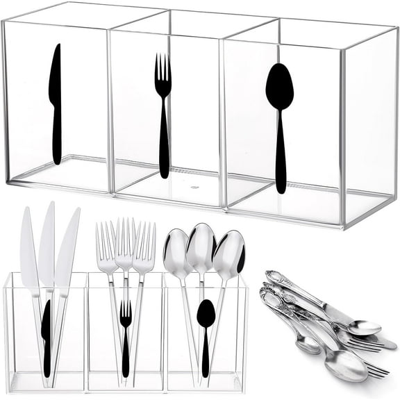 LZLINGMEI 1PC Acrylic Cutlery Storage Organizer,Silverware Caddy Countertop Knife Spoon and Fork Holder Kitchen,3 Section Tableware Storage Box for Cabinet Dining Room(Clear)
