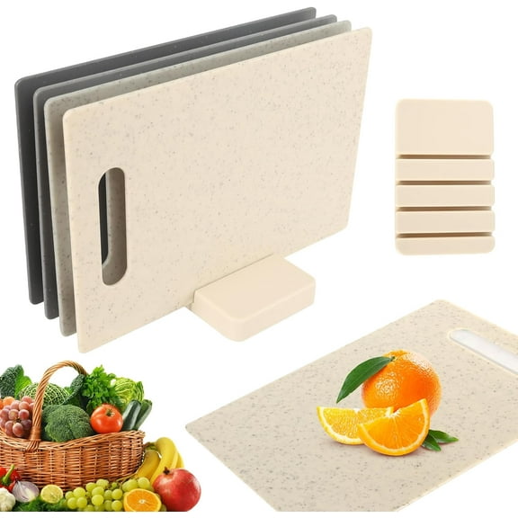 LZLINGMEI Cutting Board Plastic 4 Piece Cutting Board Set Breakfast Boards with Handles and Storage Stand Cutting Boards Plastic Kitchen Board for Meat Delicatessen Vegetables and Fruit