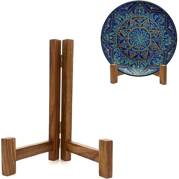 LZLINGMEI Plate Stands for Display, 7 Inch Plate Holders for Displaying, Rustic Solid Wood Tabletop Saucer Rack, Folding Picture Frame Holder Easel