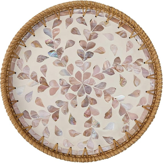 LZLINGMEI Round Rattan Tray for Home Decor 11.8 inch, Modern and Boho Decor Serving Tray with Mother of Pearl Inlay, Wicker Basket for Coffee Table, Hand Woven Decorative Tray Plates