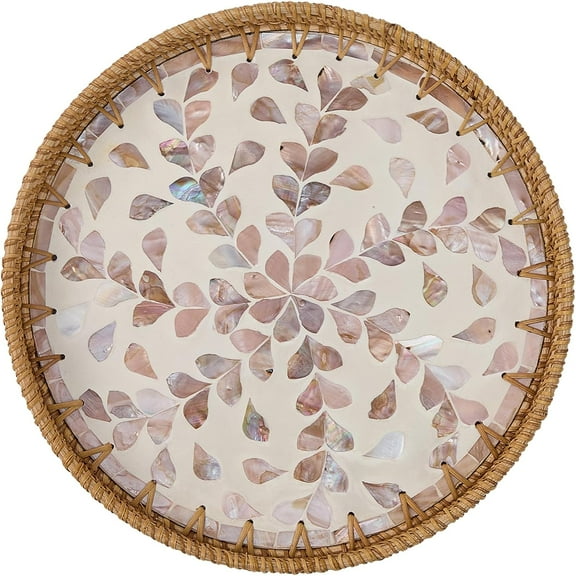 LZLINGMEI Round Rattan Tray for Home Decor 11.8 inch, Modern and Boho Decor Serving Tray with Mother of Pearl Inlay, Wicker Basket for Coffee Table, Hand Woven Decorative Tray Plates