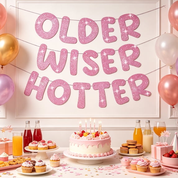 LZLINGMEI Set of 3 Pre Strung Older Wiser Hotter Glitter Banner Funny Birthday Banner for Women Birthday Party Decorations Birthday Sign Birthday Gift