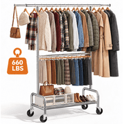 UNTIMATY Heavy Duty Clothes Rack for Hanging Clothes,660LBS Double Rods Clothing Rack with Lockable Wheels, Rolling Garment Racks with Shelf for Bedroom Laundry Living Room, Silver