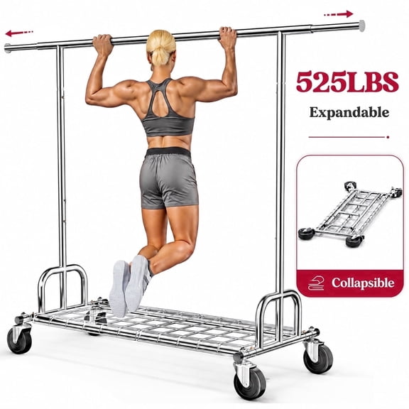 LZNIOZ 525LB Collapsible Heavy Duty Clothes Rack with Wheels Expandable Rolling Garment Rack for Closet Storage with Mesh Shelf,75"L70"H22"W, Sliver
