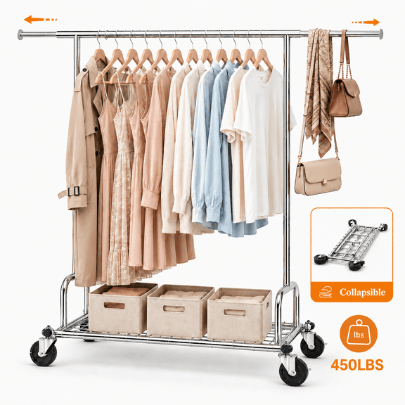 UNTIMATY Heavy Duty Clothes Rack Load 450 LBS, Metal Garment Rack, Collapsible Clothing Rack for Hanging Clothes with Sturdy Wheels & Shelves, Portable Closet Wardrobe Rack,Sliver