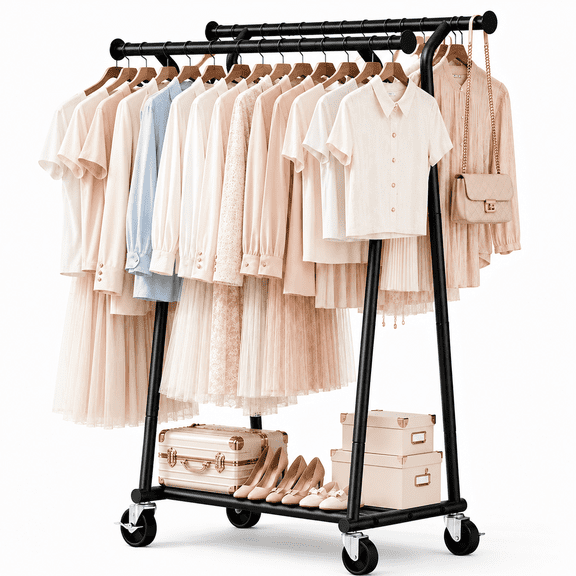 UNTIMATY 600 LBS Heavy Duty Clothes Rack with Wheels, Double Rod Rolling Garment Rack with Bottom Shelf for Bedroom, Laundry Room and Closet, Black