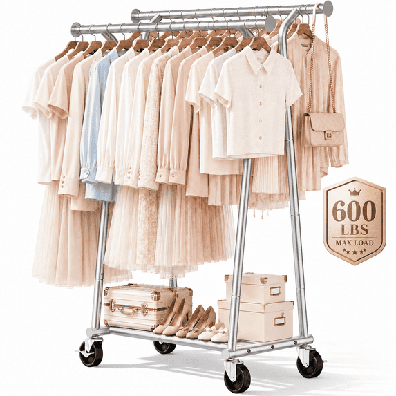 UNTIMATY Double Rods Clothes Rack, Rolling Clothing Rack for Hanging Clothes Portable Wardrobe Rack, Metal Garment Rack Sturdy Coat Rack for Bedroom Laundry Living Room, Silver