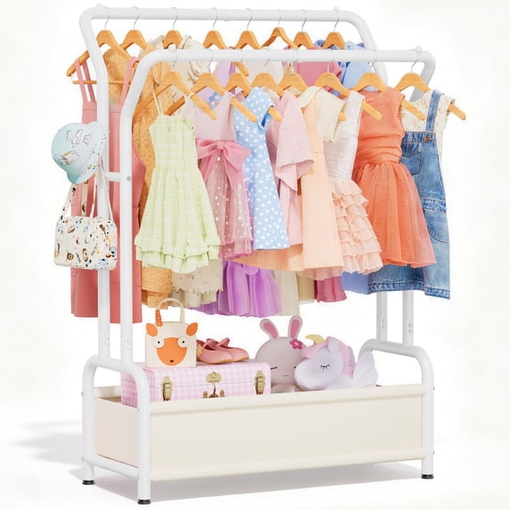 LZNIOZ Kids Clothing Rack Double Rod Clothes Rack with Bottom Storage Toddler Dress Up Rack, White