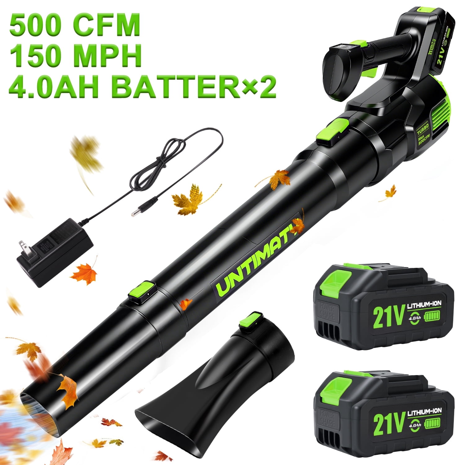 LZNIOZ 150 MPH 500 CFM 21V Battery Powered Handheld Cordless Leaf Blower with 2 x 4.0Ah Batteries and Charger