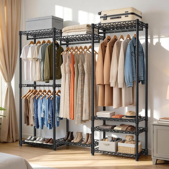 UNTIMATY Portable Closet Wardrobe Rack Heavy Duty Freestanding 4-Rods 8-Shelf Clothes Rack with Adjustable Feet