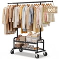 thumbnail image 1 of LZNIOZ 660 lbs Heavy Duty Clothes Rack Garment Rack with Wheels and 2 Mesh Shelves, 66"L×71"H×17"W, 1 of 11