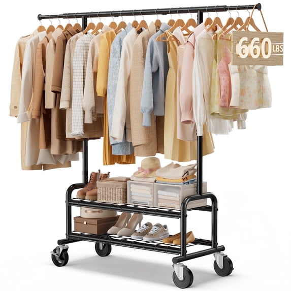 LZNIOZ 660 lbs Heavy Duty Clothes Rack Garment Rack with Wheels and 2 Mesh Shelves, 66"L×71"H×17"W