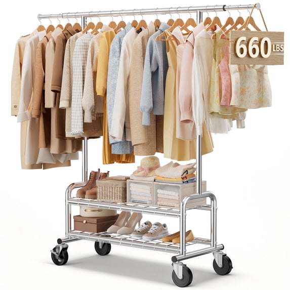 LZNIOZ 660 lbs Heavy Duty Clothes Rack, Garment Rack with Wheels and 2 Mesh Shelves, Stainless Steel Clothing Racks for Hanging Clothes Organizer , 66"L×71"H×17"W