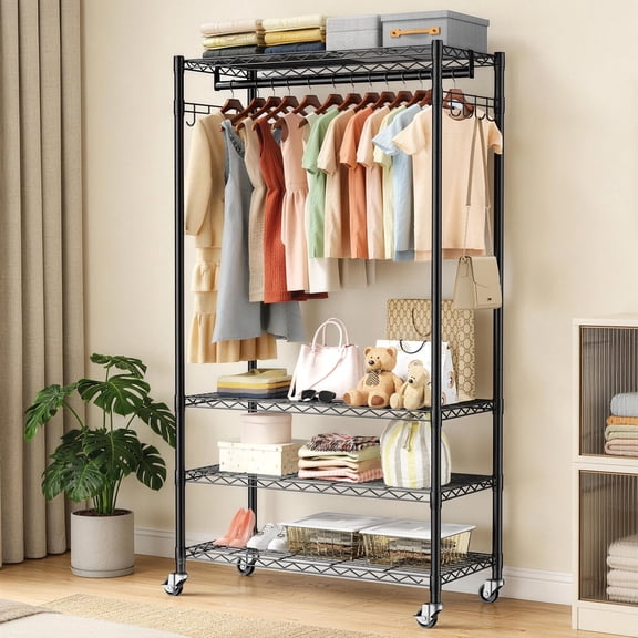 UNTIMATY Rolling 4-Shelf Clothes Rack with Wheels and Side Hooks Large Heavy Duty Metal Garment Rack, Black