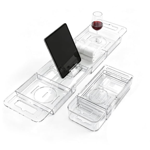 LZSDS 22.24inch-31.5inch Extendable Transparent Bathtub Rack, Acrylic Bathtub Storage Tray with Adjustable Support