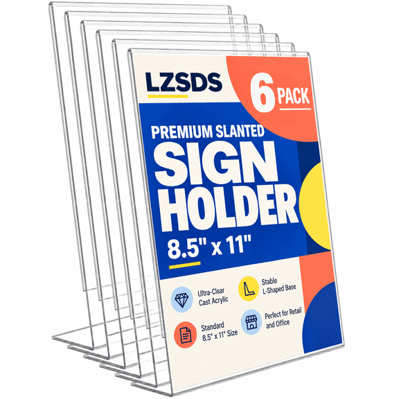 LZSDS Acrylic Sign Holder 8.5 x 11 in 6 Pack, Clear Slant Back Display Stand for Office Restaurant Store Trade Show