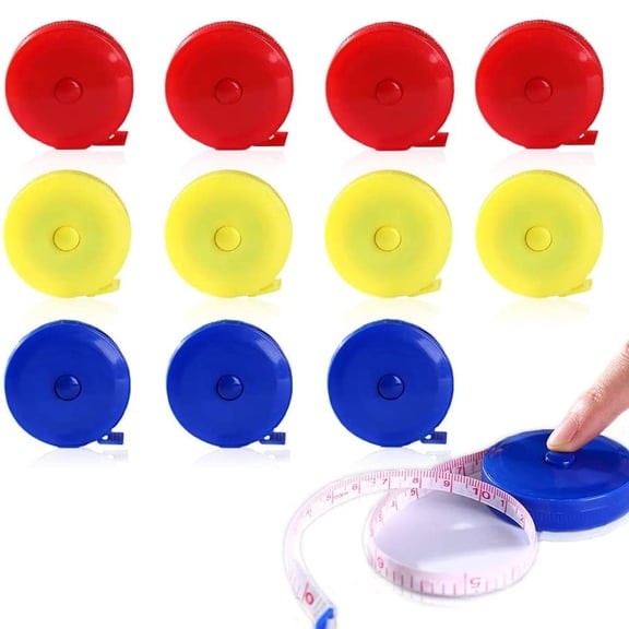 LZYMSZ 12 Pack Retractable Tape Measure Soft Push Button Measuring Tape Pocket 60 Inch / 150cm Dual Sided for Cloth Body Tailor Sewing Craft Fabric (Red, Blue, Yellow)