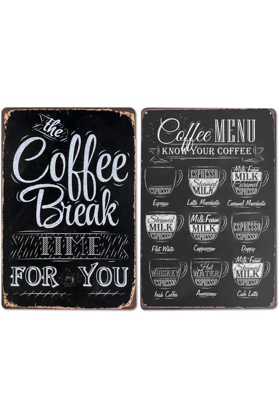 2PC Metal Tin Sign, Bar Sign Coffee Break Time for You, Coffee Menu Tin Sign, 8 X 12 Inches for Cafe Bar Home Wall Decor