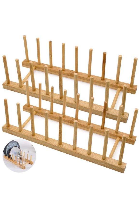 Set of 2 Bamboo Wooden Dish Rack, Plate Rack Stand Pot Lid Holder, Kitchen Cabinet Organizer for Bowl, Cup, Cutting Board and More