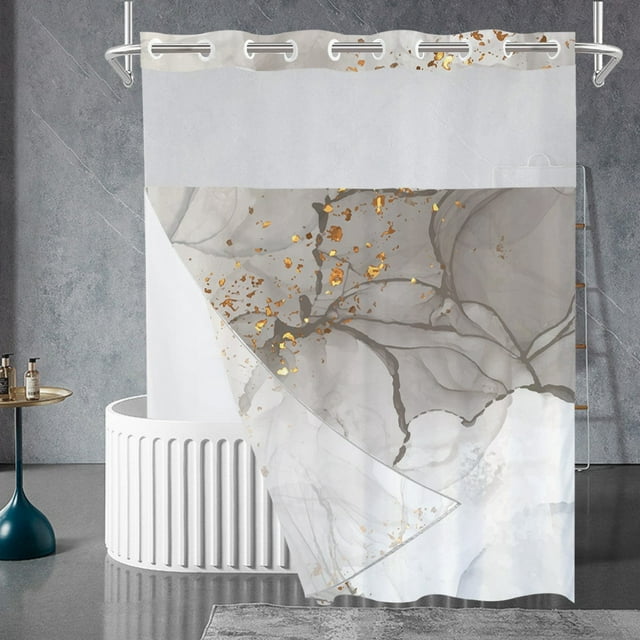 Zrodlmo No Hook Fabric Shower Curtain with Snap Lining, Marbled