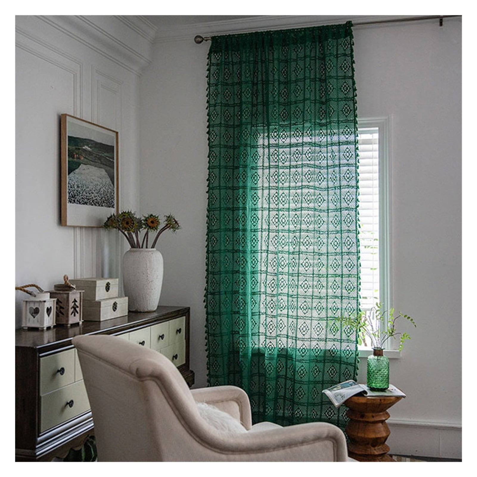 LZZ Crochet Knitting Cotton Linen Window Curtain Panel Farmhouse Retro ...