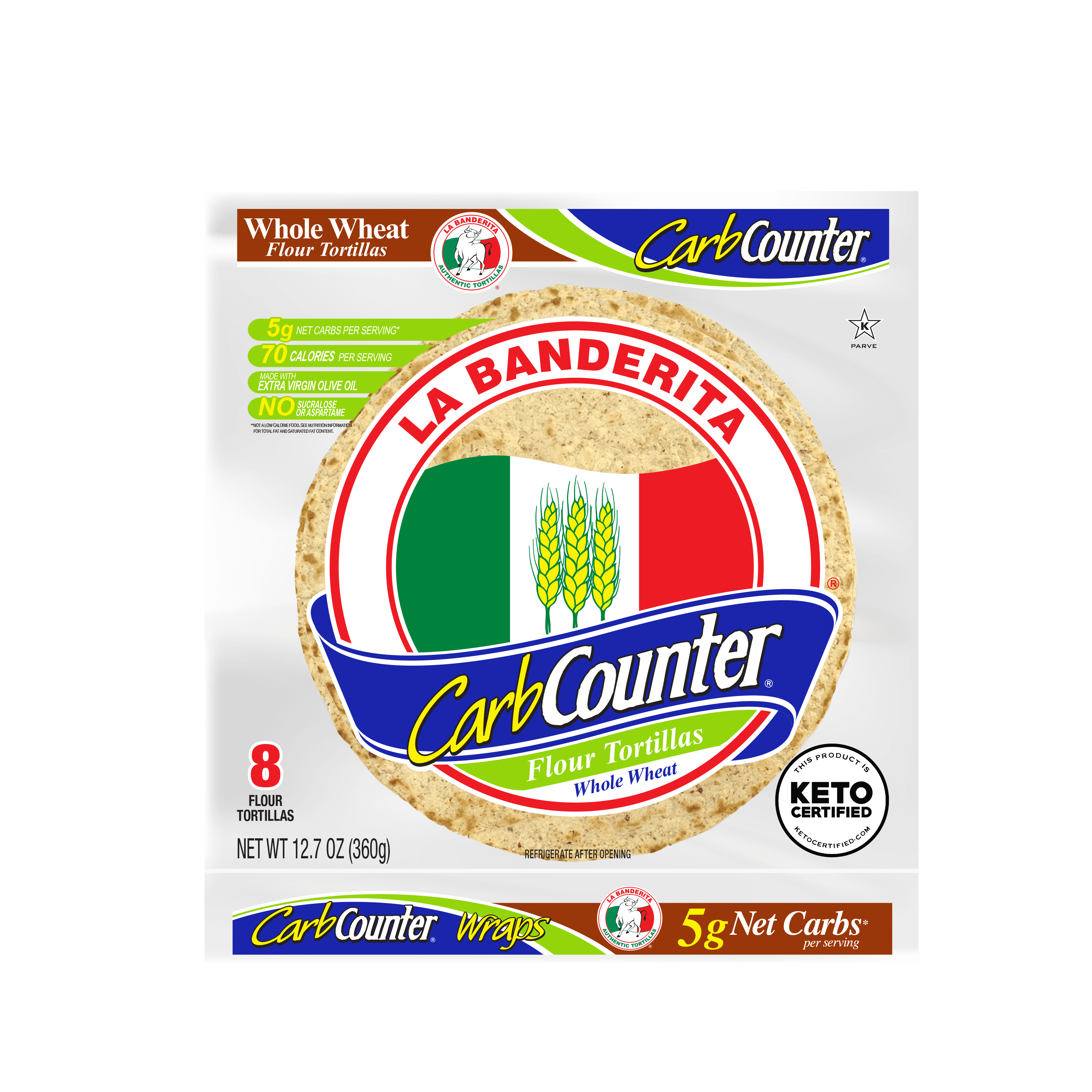 La Banderita Carb Counter Whole Wheat Flour Tortillas, 12.7 oz, 8 Count