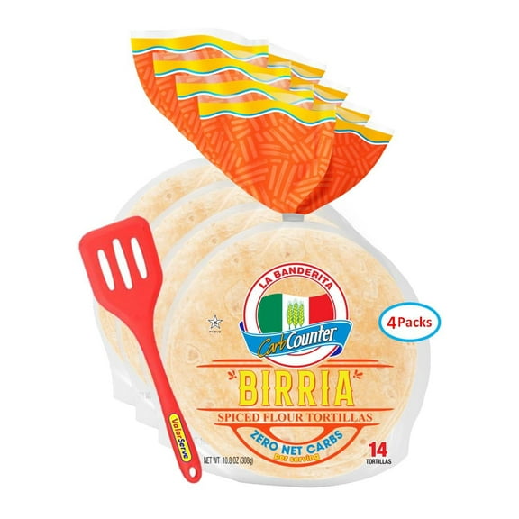 La Banderita Carb Counter ZERO Net Carbs Street Taco Birria Spiced Flour Tortillas - 0g Net Carbs - Keto Friendly - 4.5" - 16 Count, 10.8 oz. - 4 Packs with ValorServe Mini Kitchen Utensil