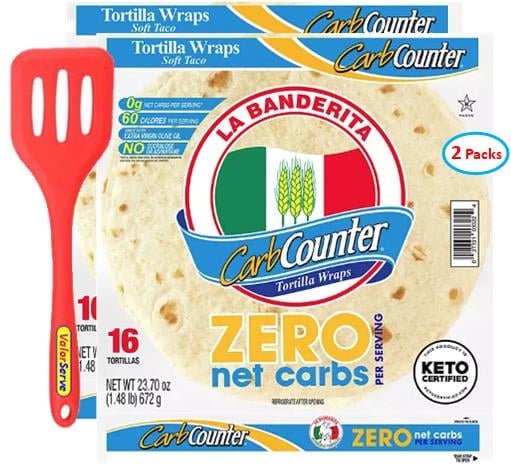 La Banderita Carb Counter Zero Net Carbs 8" Flour Soft Taco Tortilla Family Pack, 16 ct. - 2 Packs (32 Tortillas) with ValorServe Mini Kitchen Utensil - Keto Friendly Low Carb Tortillas