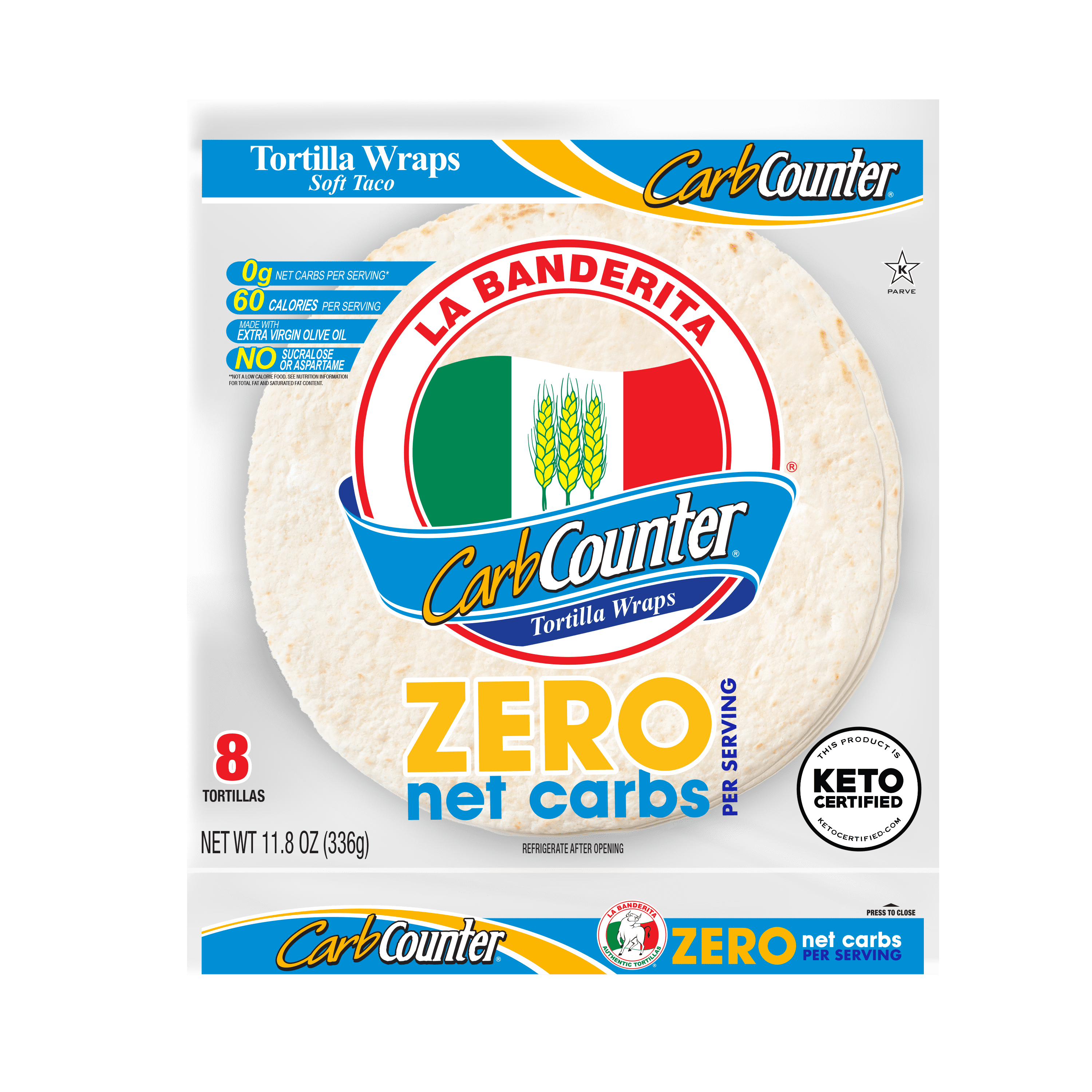 La Banderita Carb Counter Zero Net Carbs Soft Taco Flour Tortillas, 11.8 oz, 8 Count