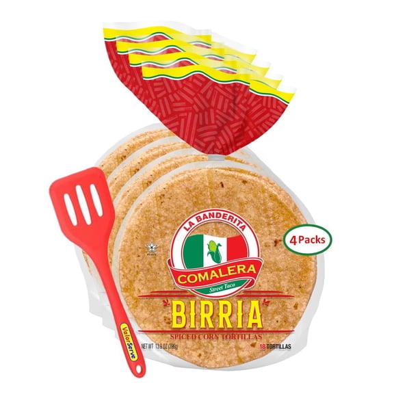La Banderita Comalera Street Taco Birria Spiced Corn Tortillas - Zero Trans Fat or Colesterol - 4.5" - 18 Count, 13.9 oz. - 4 Packs with ValorServe Mini Kitchen Utensil - Low Carb Tortillas