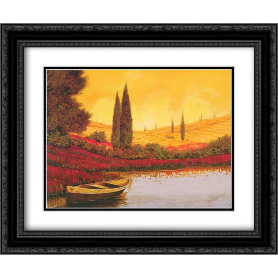 La Barca Al Tramanto 2x Matted 24x20 Black Ornate Framed Art Print by Guido Borelli