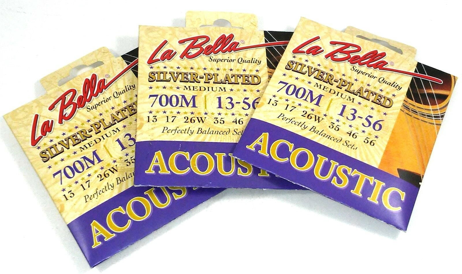 La Bella Guitar Strings 3 Pack Acoustic Silver Plated Medium 13-56 Crisp Tone