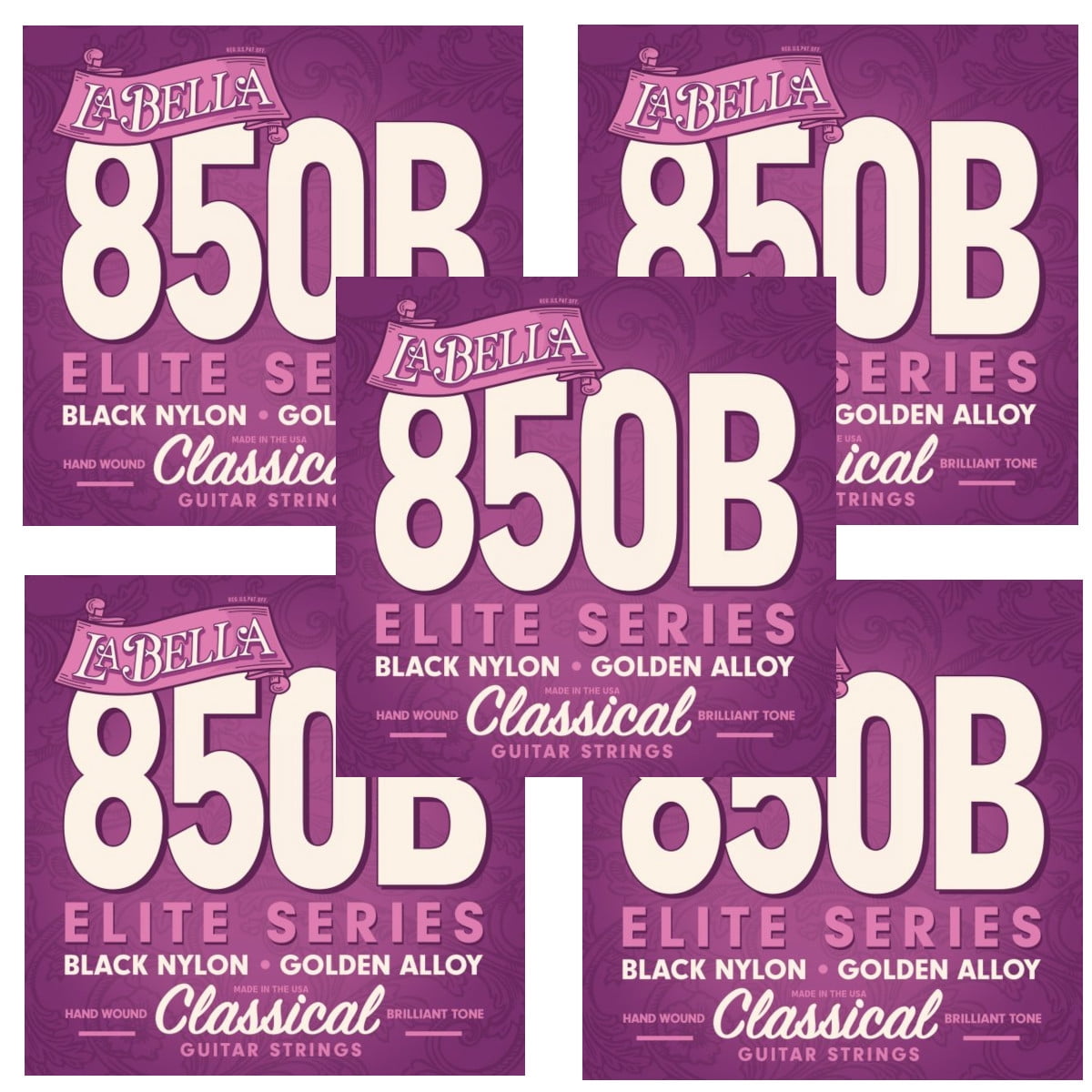 La Bella Guitar Strings Nylon 850B Black Nylon Elite Golden Alloy 5 Pack