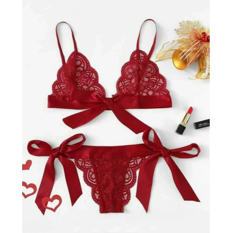 La Belle Fantastique Red / Black Bow Tie lingerie set sexy, gift for wife, Gift for her, sexy lace 2 piece