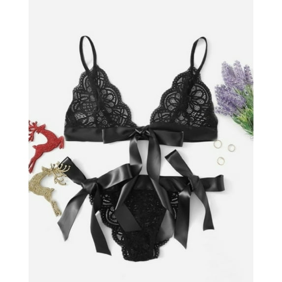La Belle Fantastique Red / Black Bow Tie lingerie set sexy | gift for wife | Gift for her | sexy lace 2 piece | erotic lingerie