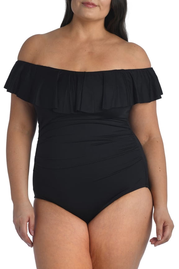 BLACK Plus Size Off-the-Shoulder One-Piece Swimsuit, US 20W