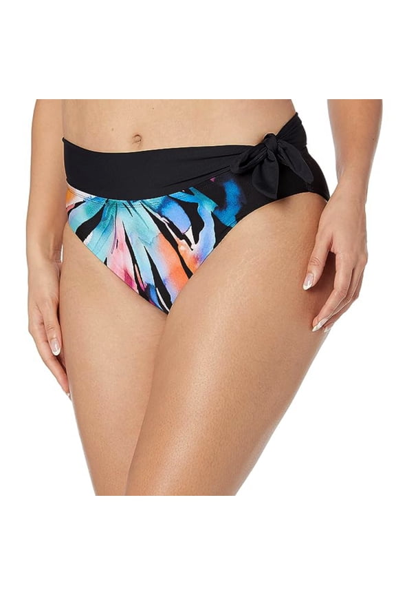 Women's Plus Floral Prism Palm High Waist Side Sash Ties Swim Bottom-Black / 20W