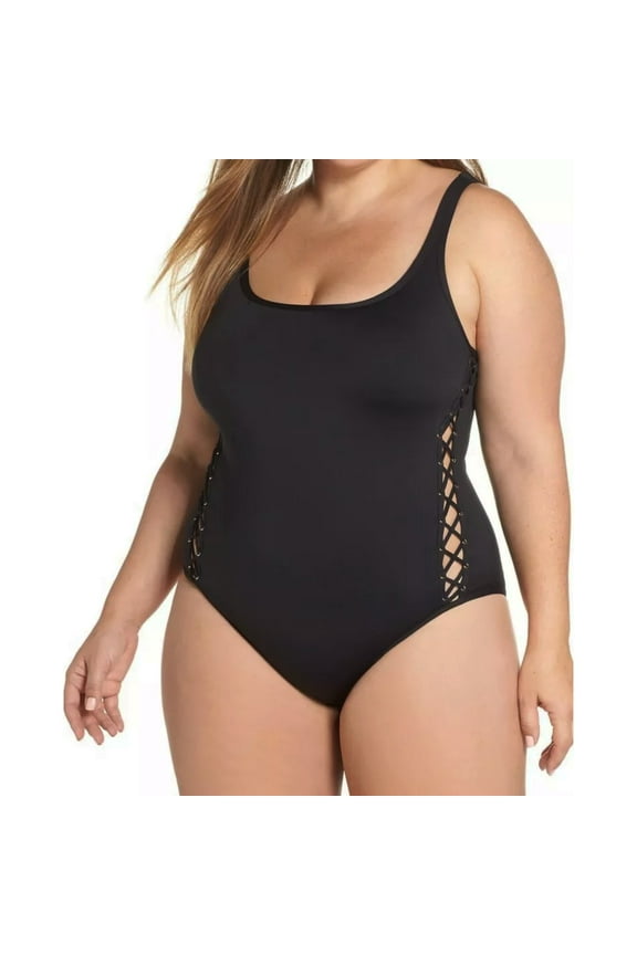Women's Plus Tummy Control Lace Up Sides One-piece Swimsuit-Black / 18W