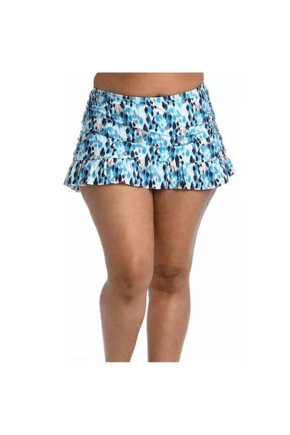 Women's Plus Tummy Control Sea Glass Metallic Print Shore Beach Swim Skirt-Blue / 16W