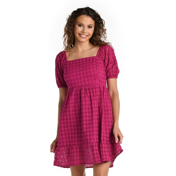 La Blanca Women's Short Sleeve Mini Dress Swimsuit Cover Up Magenta Medium