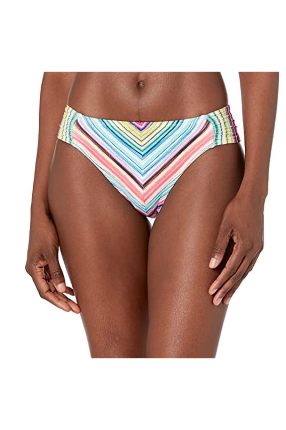 Women's Side Shirred Hipster Bikini Swimsuit Top Swimwear, red//Tahitian Stripe, 16
