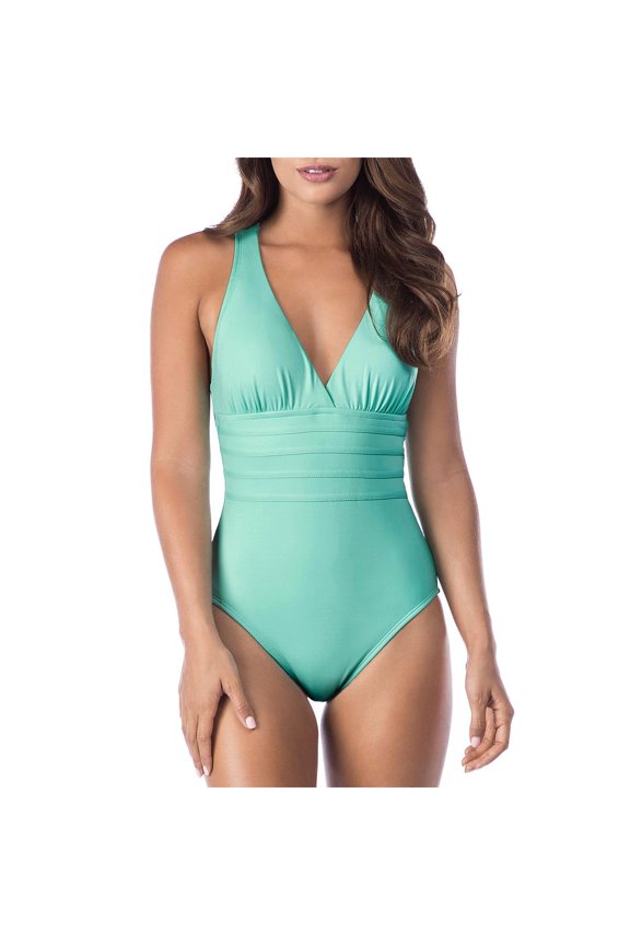 Womens Cross Back Tummy Control One-Piece Swimsuit Blue 10