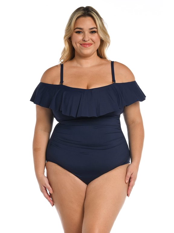 Womens Island Goddess Off Shoulder Ruffle One Piece Swimsuit 10 Indigo