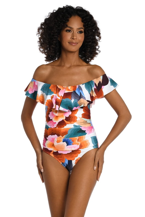 Womens Off Shoulder Ruffle One Piece Swimsuit Multi Size 20 Plus