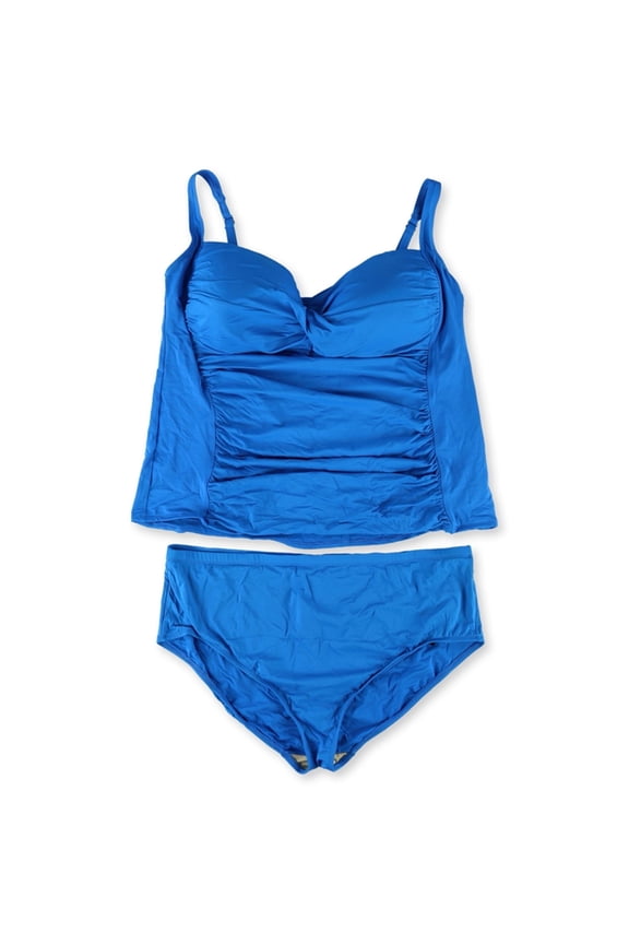 Womens Twist Front Hi Rise 2 Piece Tankini, Blue, Plus Size, 22W