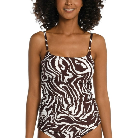 La Blanca Women's Lingerie Strap Tankini Swimsuit Top Brown/White Lines 6