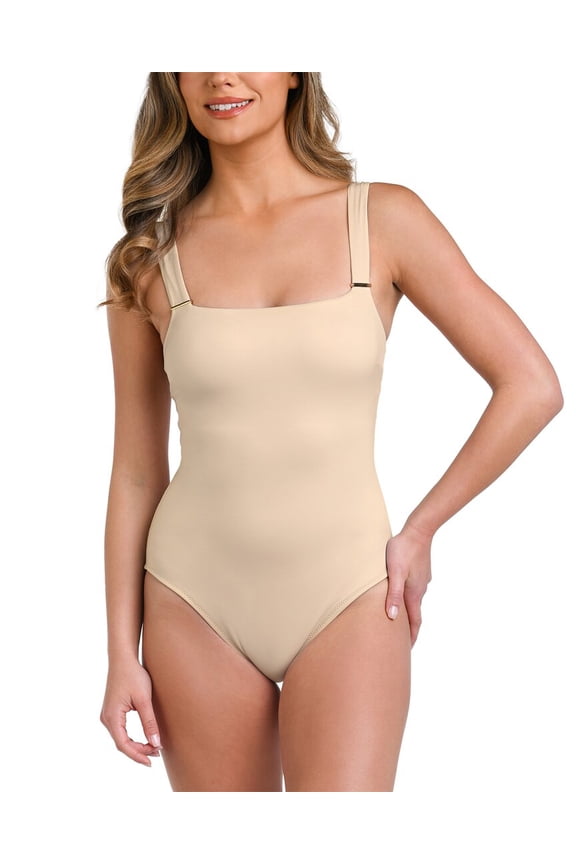 womens Luxe Square Neck One-Piece, 8, Tan