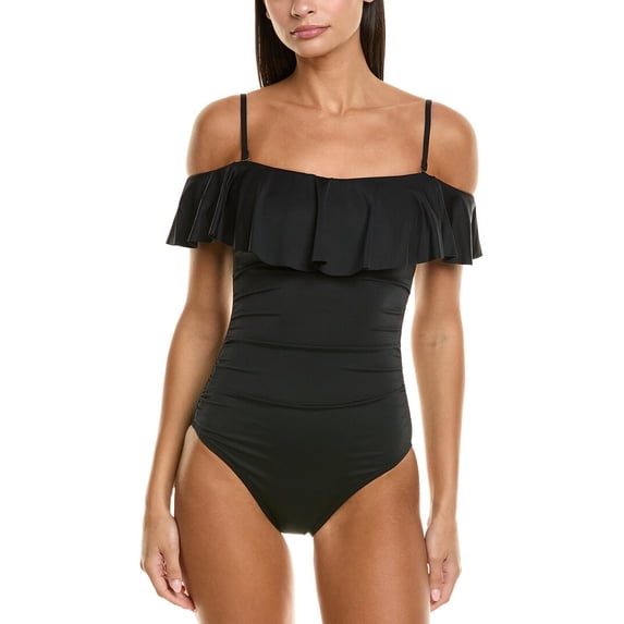 La Blanca womens Off-Shoulder Ruffle One-Piece, 6, Black