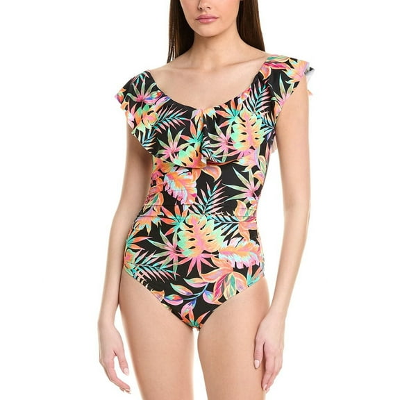 La Blanca womens  Off-The-Shoulder Ruffle One-Piece, 4, Black